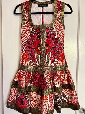 Thakoon Brunch Gold Red Mini Dress Sz 0 $980 Cotton Silk